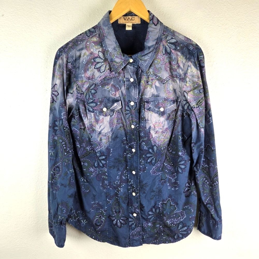 Nine West Vintage America Collection Paisley Western Shirt Women's M Blue 100%